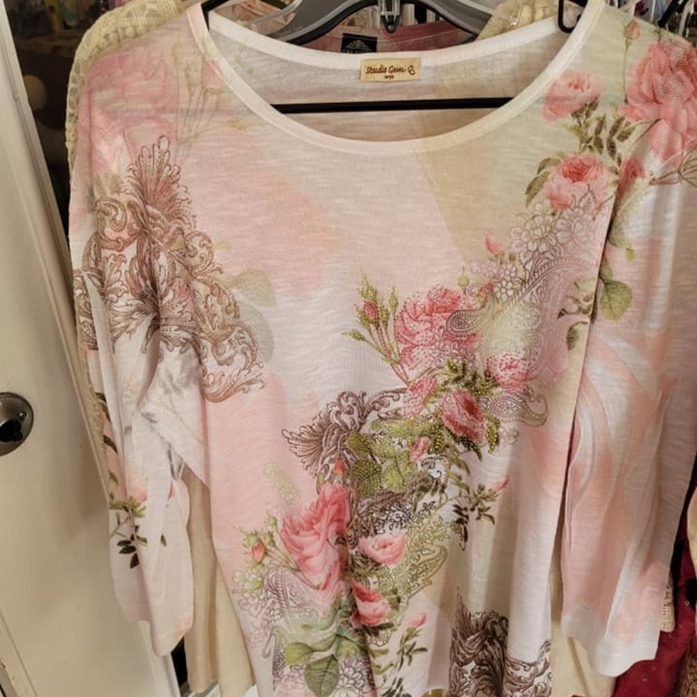 Pink and Green Floral Shark Bite Top